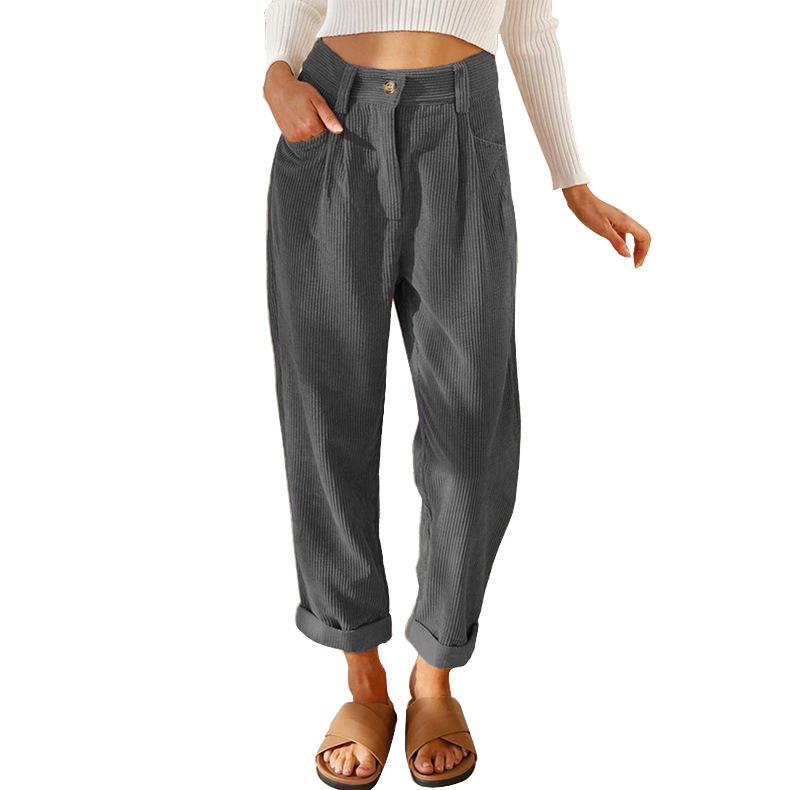Women's High Waist Corduroy Straight-Leg Pants - Solid Color, European & American Style, Autumn 2025 Collection