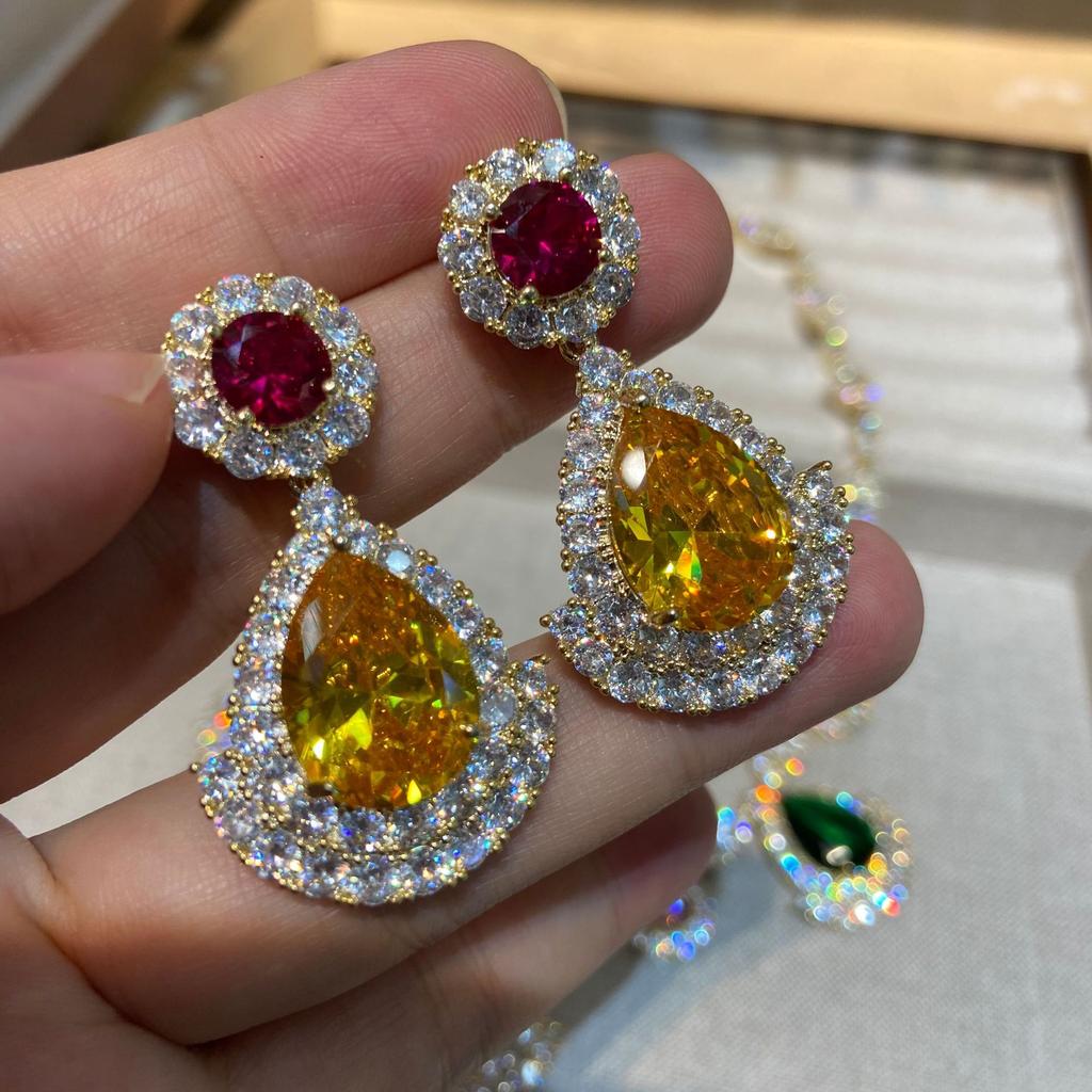 Luxury Internet Celebrity Color Zircon Light Luxury Full Diamond Earrings Women Pendant Necklace Set Jewelry