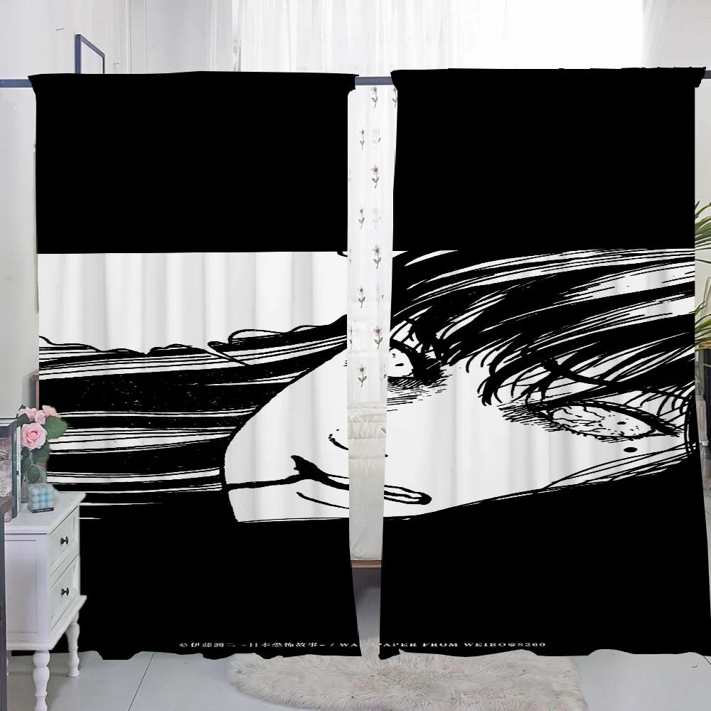 Home Interior Kitchen Curtains for Living Room 2 Pieces Blackout Curtains Door Curtain Junji Ito Bedroom Decoration Partition