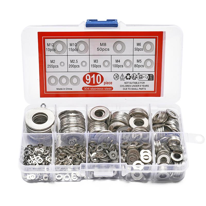 910/200pcs Suitable For Home Decoration 304 Stainless Steel Flat Washers Assortment Kit (M2 M2.5 M3 M4 M5 M6 M8 M10 M12)