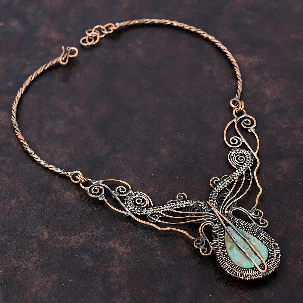 Chrysocolla Necklace Copper Wire Wrapped Necklace Handmade Necklace Gemstone Copper Jewelry Adjustable Necklace Wedding Gift Decent Jewelry