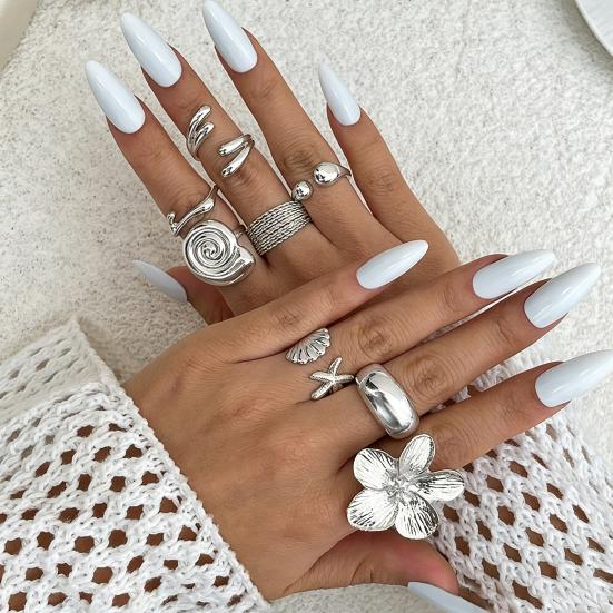 Ocean Theme Rings Set, Adjustable Stackable Finger Rings, Retro Distressed Bohemian Rings, for Beach Vacation Accessories