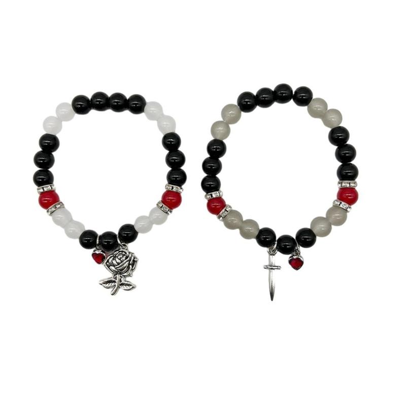 Black Red White Beaded Bracelets with Bat Cat Rose/Guitar Heart Pendant Wrist Chain Bracelet Unique Gifts for Couples