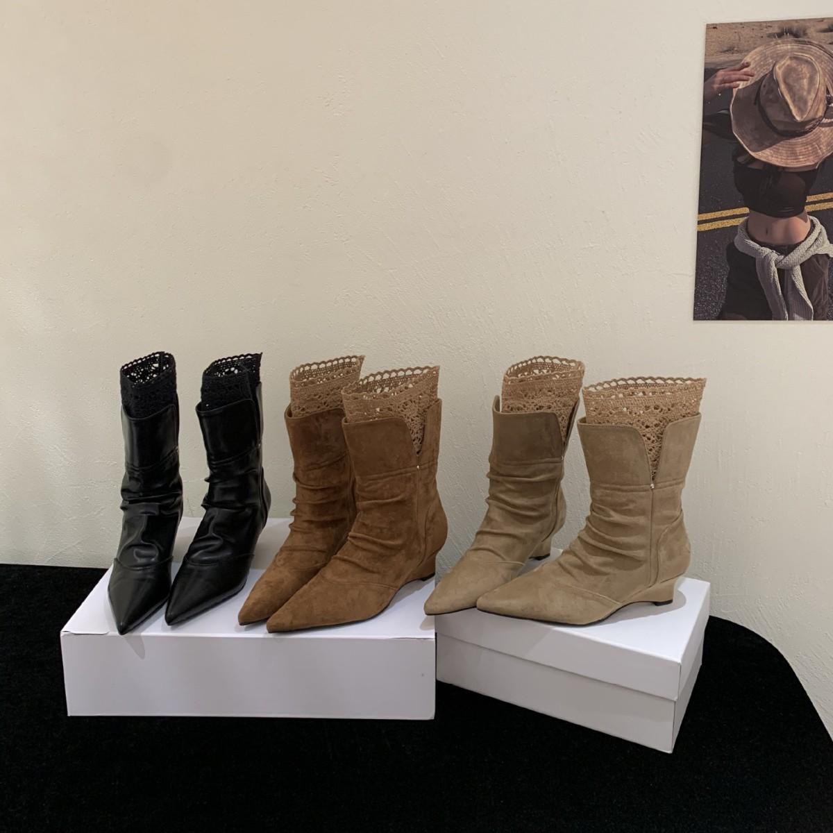 

2025 new autumn and winter suede slope high heel lace low tube thin fashion women s Martin women s short boots 39 хаки