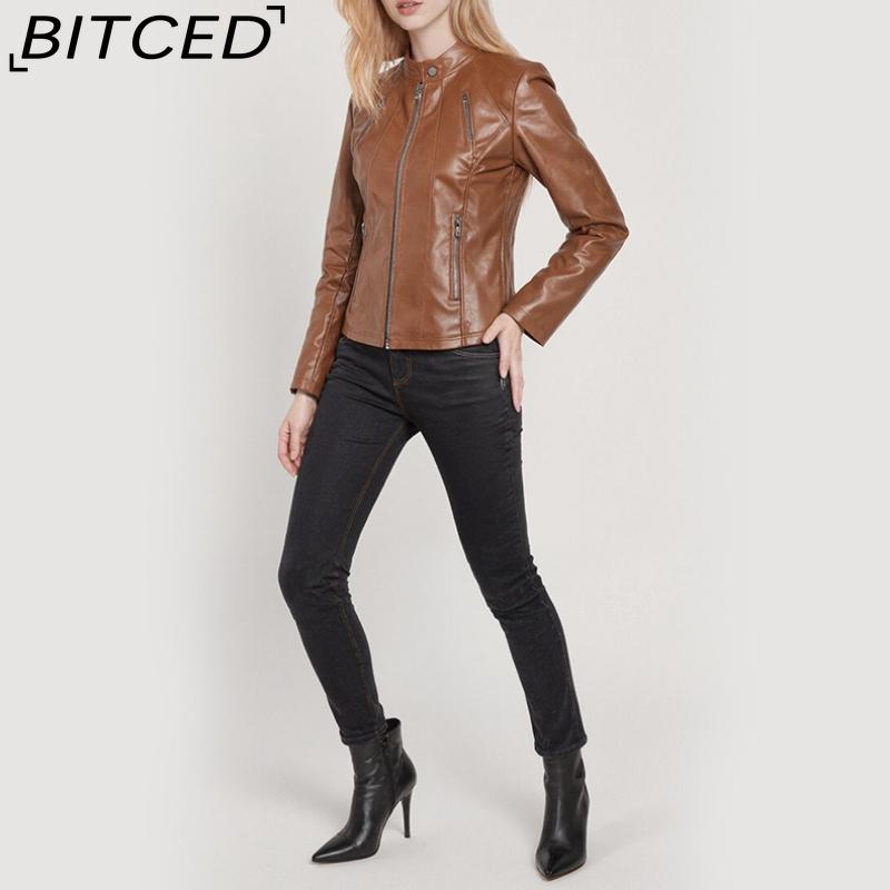 BITCED Autumn Slim-Fit Women's Leather Jacket Slim-Fit Outerwear Leather Clothing for Women