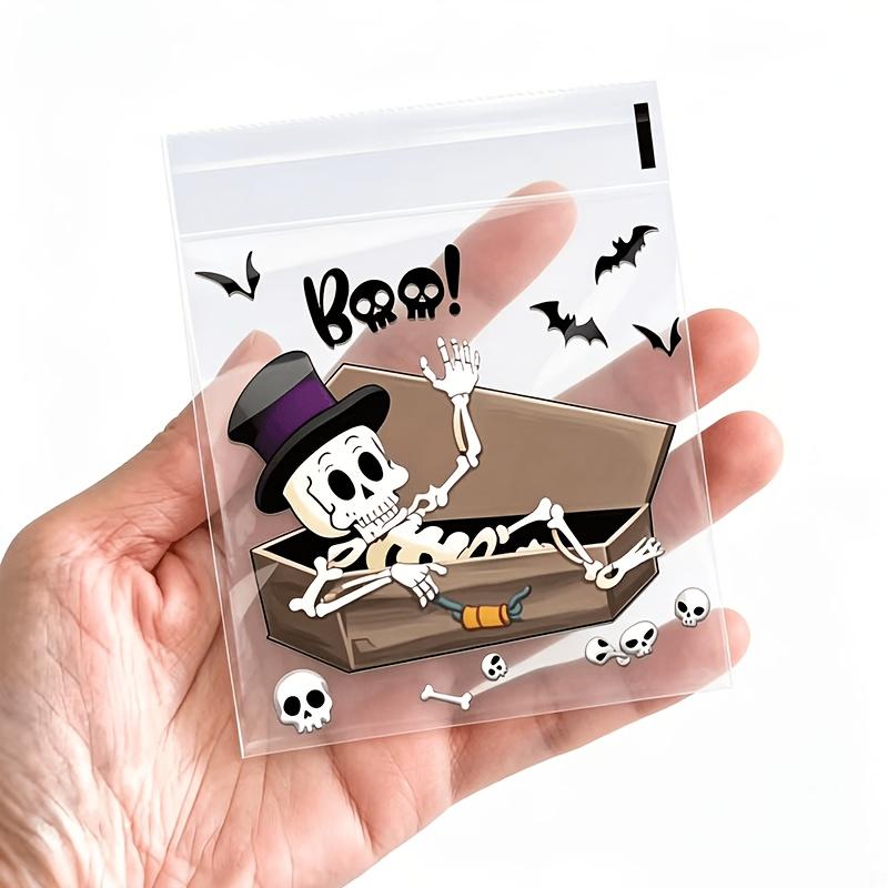 100pcs/pack Halloween Self-adhesive Plastic Gift Bags, Reusable Skeleton, Bat & Pumpkin Designs, Durable Bags for Party&Events