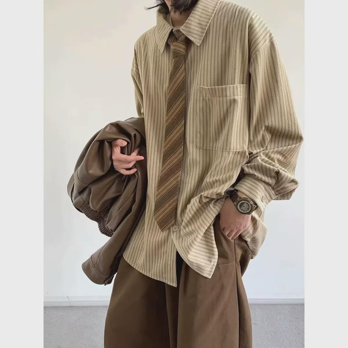 

Unisex Japanese Retro Striped Long-Sleeve Shirt - Loose, Versatile Spring Fashion M хаки