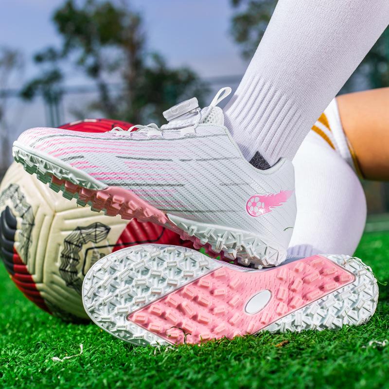 Children's Football Shoes, Boys and Girls Rotating Buckle Artificial Grass Flat-bottomed Broken Nail Training Shoes Outdoor Sports Shoes