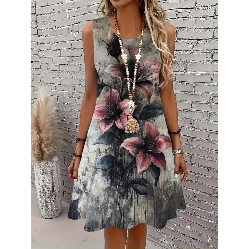 Fashion Women s Crew Neck Dress 3D Casual Color Printing Casual Dress Crew Neck Dress 2XS