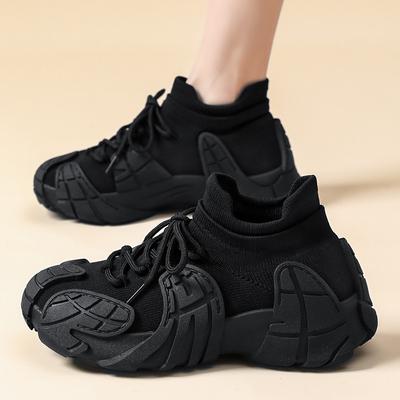 Fashion Black Platform Sneakers Ladies Thick Sole Shoes Lace Up Knitted Shoes for Women Breathable Socks Sneakers Outdoor Casual Shoes