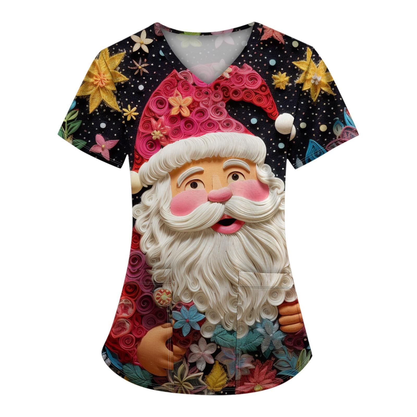 

Женская рождественская печатная рабочая униформа с V-образным вырезом и карманом, защитная униформа L белый