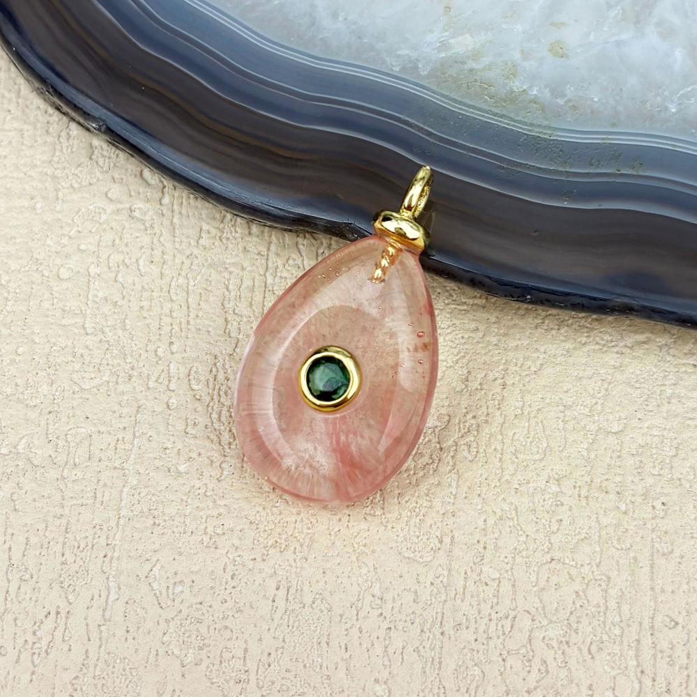 Vintage Water Droplet Natural Stone Inlaid Zircon Pendant Teardrop Opal Red Quartz Charm for Men and Women's Jewelry