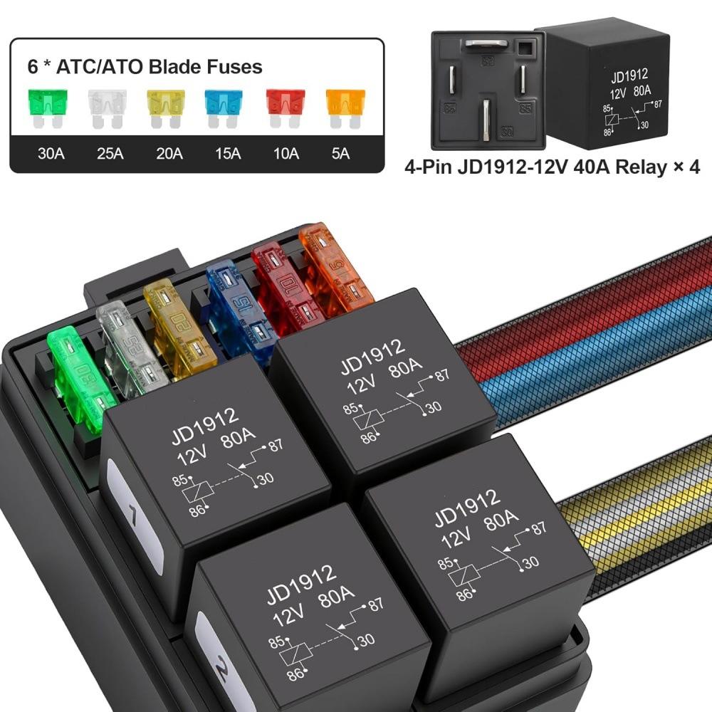 12V 24V 4 5PIN Fuse Relay Box Pre-Wired Fuse and Relay Box with 4 Relays&6 Way ATC/ATO Fuses Sealed  Relay Fuse Box For Car 12V4PIN