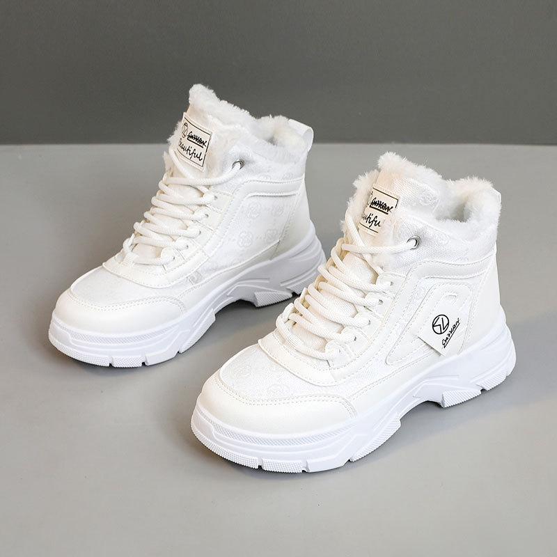 W2577 Winter Women's Color Matching and Velvet Medium-top Cotton Shoes Increase the Height, Casual and Warm Snow Boots Keep Warm Inside