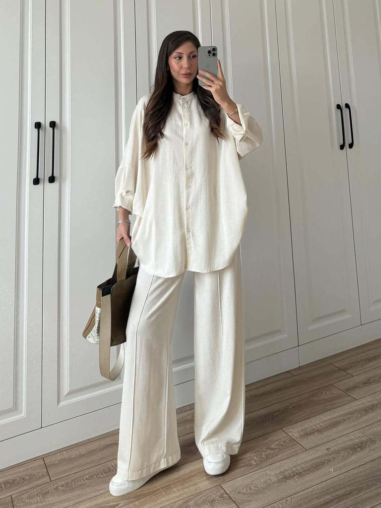 2025 Summer Slimming Short-Sleeve Button Top & Wide-Leg Pants Set