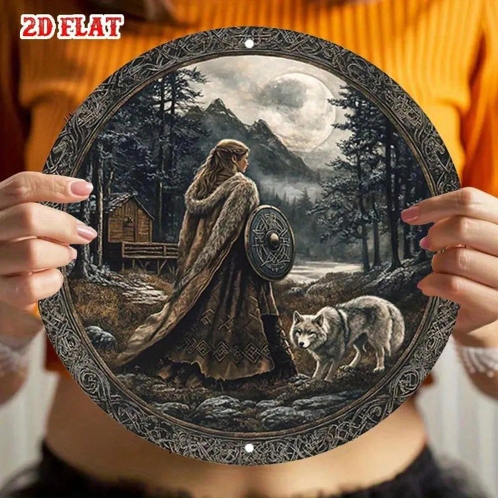 Nordic Style Aluminum Wall Art Round Viking Woman with Wolf Shield Metal Home Decor
