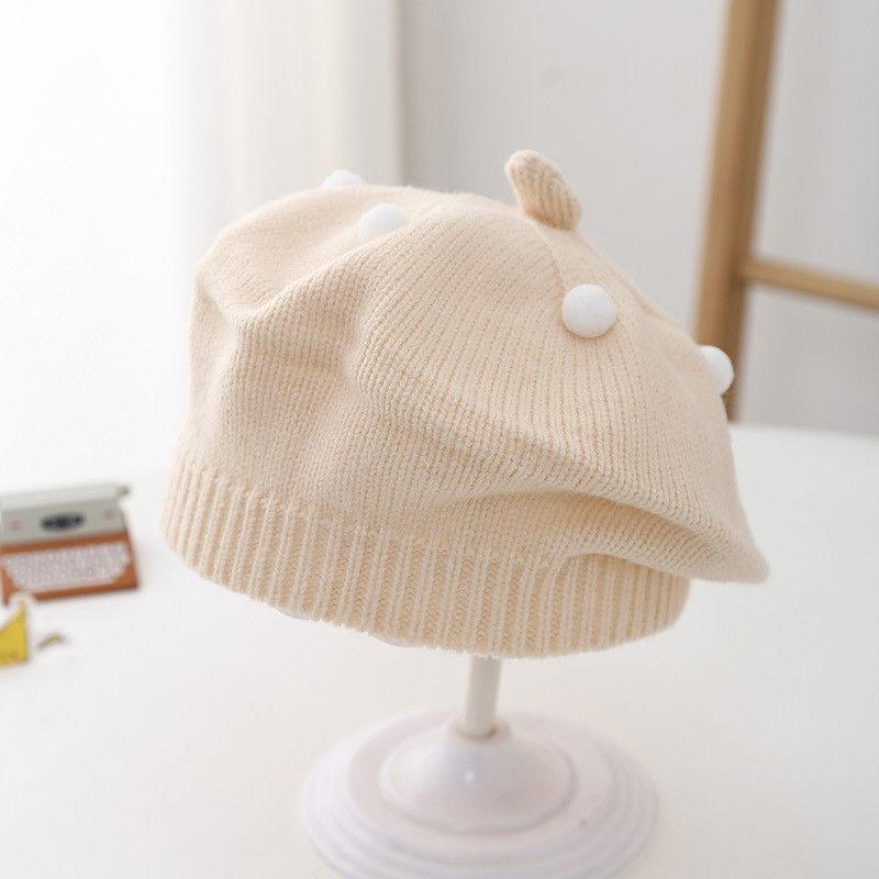 1 szt. Uroczy pasek miś ciepła czapka beanie jednolity kolor dzianinowy beret dla dzieci dziewcząt jesień zima artysta malarz czapki