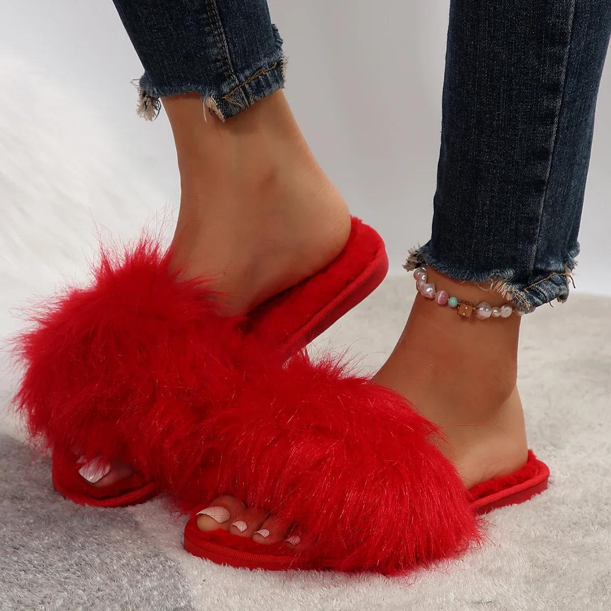 

Пушистая меховая женская обувь, теплые плюшевые тапочки, женские тапочки Slis на плоской подошве, сплошные мягкие каблуки, меховые тапочки на платформе 37 красный