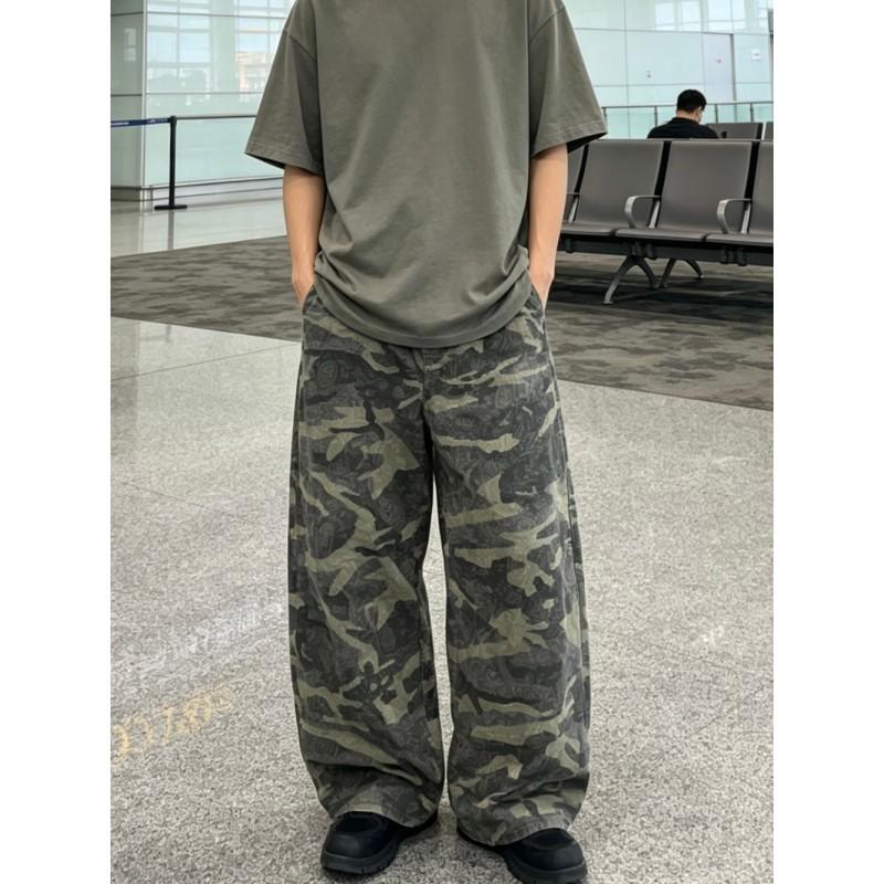 Retro Washed Camo Wide Leg Jeans Men Women Loose Fit High Waist Denim Pants Casual Streetwear
