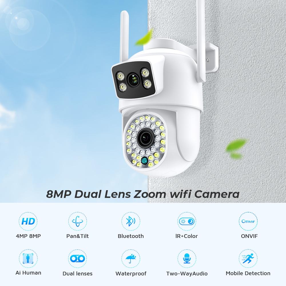LS VISION Telecamera Wifi Wireless 4K 8MP a Doppia Lente Rilevamento Umano AI Tracciamento Automatico Telecamera di Sicurezza Esterna Visione Notturna a Colori Videocamera 4MP