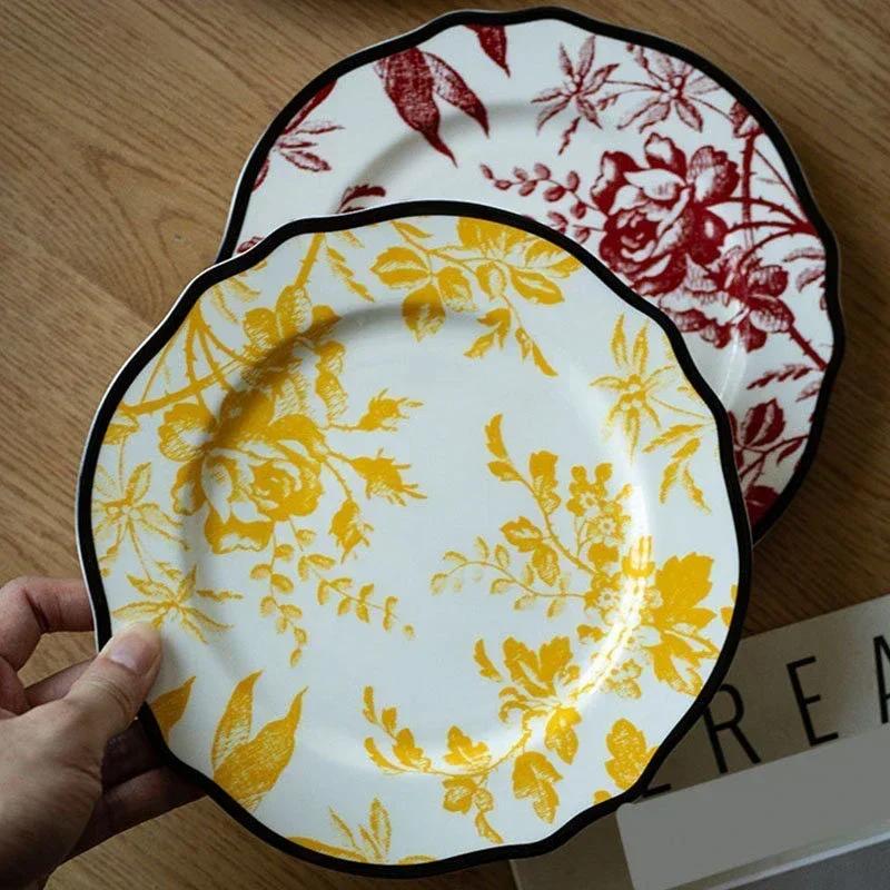 Keramikteller im europäischen Stil, Vintage, üppiger Blumendruck, westliches Essen, Speiseteller, Nachmittagstee, Dessertteller, Geschirr