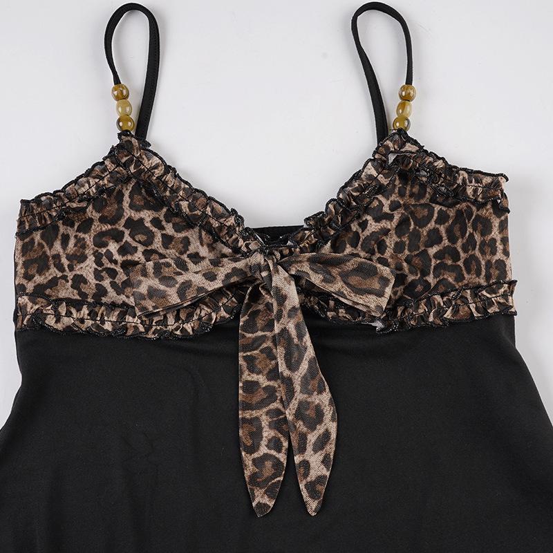 European & American Sexy Leopard Print Color Block A-Line Lace Tie-Up Camisole