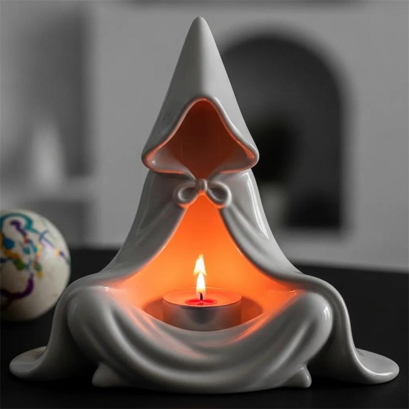 Mystic Wizard Candle Holder Ceramic Hooded Figurine Tea Light Holder Gothic Witchcraft Meditation Home Decor Ornament