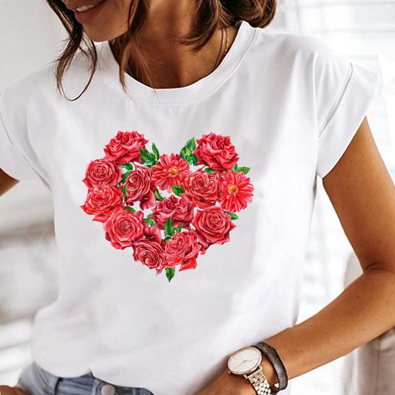 (European Size) Summer Fashion Women Plant Lovely Flower Trend Cute Short Sleeve Print Tee Top Tshirt  Lady Female Clothing  Casual Graphic T-shirt