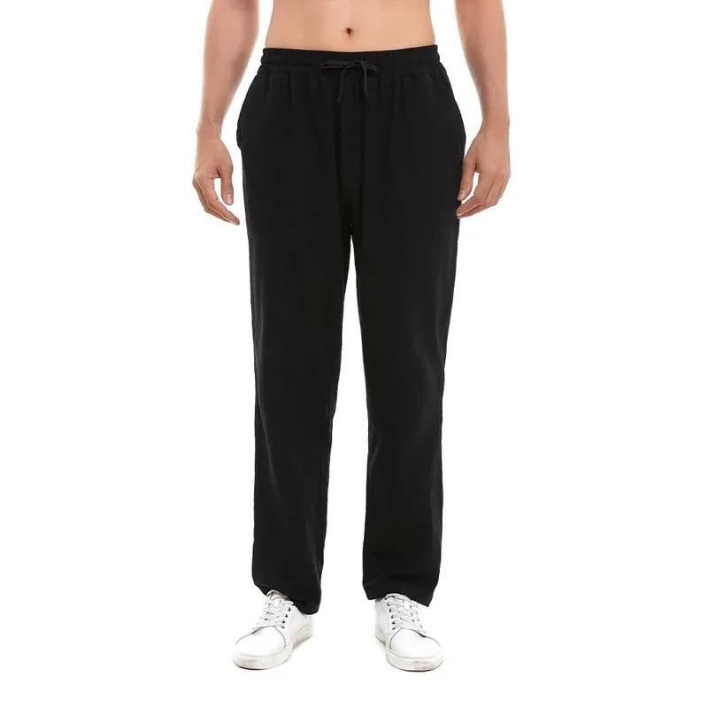 

Spring Summer Long Pants for Men Cotton Linen Solid Color Lightweight Pants Casual Sweatpants Elastic Waist Basic Style Trousers XXXL чёрный