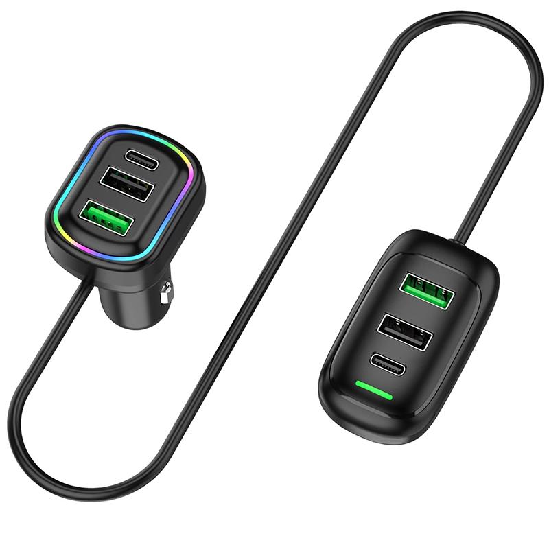 6-Ports Usb Type-C Front And Rear Extension Car Charger With Rgb Light Pd Fast Charging Power Adapter For Iphone Tablet Laptop