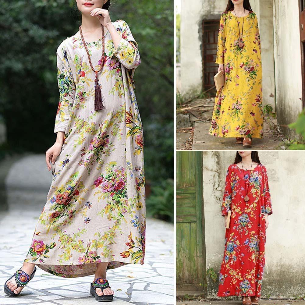 Vintage Women Casual Boho Dress Maxi Loose Long Cotton Dress Floral Sleeve Linen