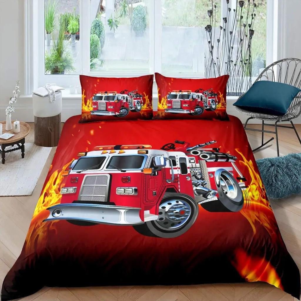Firefighter Truck Red Firemen Car Bedding Set Boys Girls Twin Queen Size Duvet Cover Pillowcase Bed Kids Adult