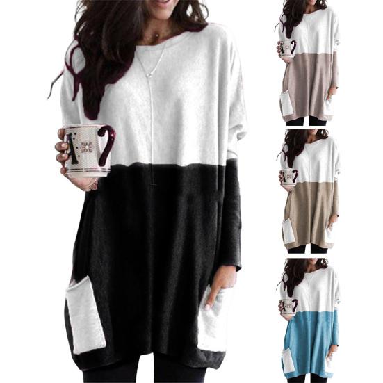 Hauts pour femmes, col rond, manches longues, blocs de couleurs, pulls avec poches, coupe ample, mi-longue, vêtements quotidiens