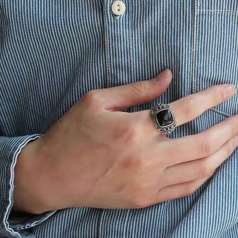 Bold Men's Ring: Retro 925 Silver-Plated Adjustable Obsidian Ring with Creative Design