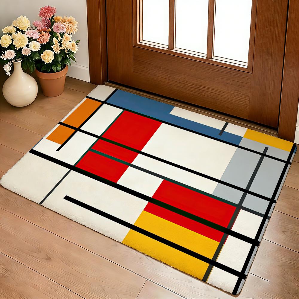 Tappetino Geometrico Astratto Stampa Mondrian Morbido Spesso Antiscivolo in Flanella Calda per Soggiorno Camera da Letto Cucina Tappeti Decorativi