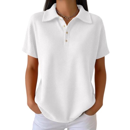

Women Tops Lapel Short Sleeve Buttons Half Placket Shirt Tops Pure Color Waffle Texture Regular Fit Casual Shirt Home Dates Versatile Wear M белый