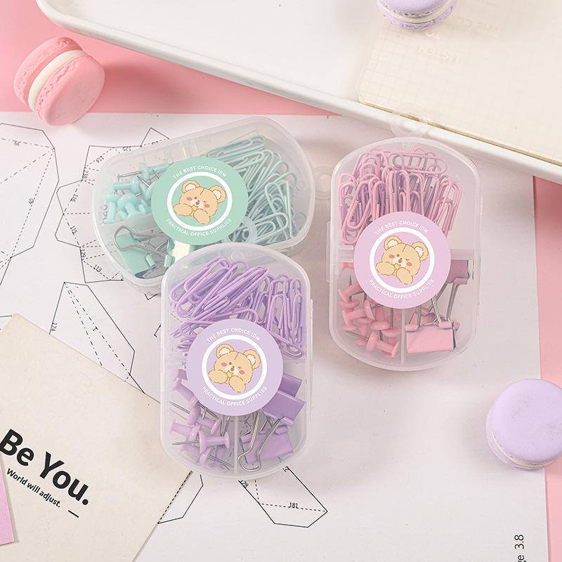 Macaron Color Stationery Set: Paper Clips, Ticket Clips, Stapler, Thumbtacks, and Binder Clips