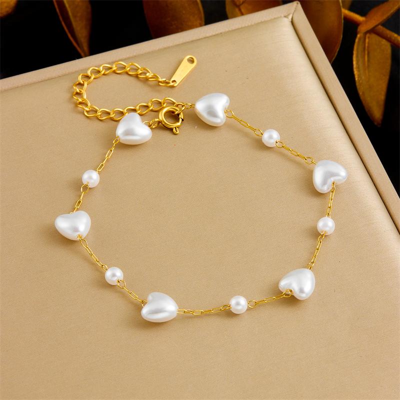 DIEYURO 316L Stainless Steel White Irregular Heart Pearls Necklace Bracelet Women New Trend Golden Love Non-fading Jewelry Set