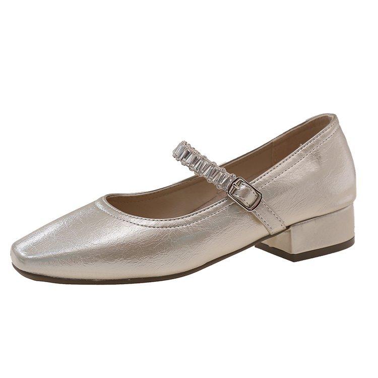 Not tired feet single shoes 2025 new square head shallow mouth rhinestone one-word diamond belt silver low heel flat Mary Jane shoes