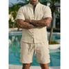 New Men’s Plain-coloured Vintage-style Casual Linen Short-sleeved Shirt and Shorts Set