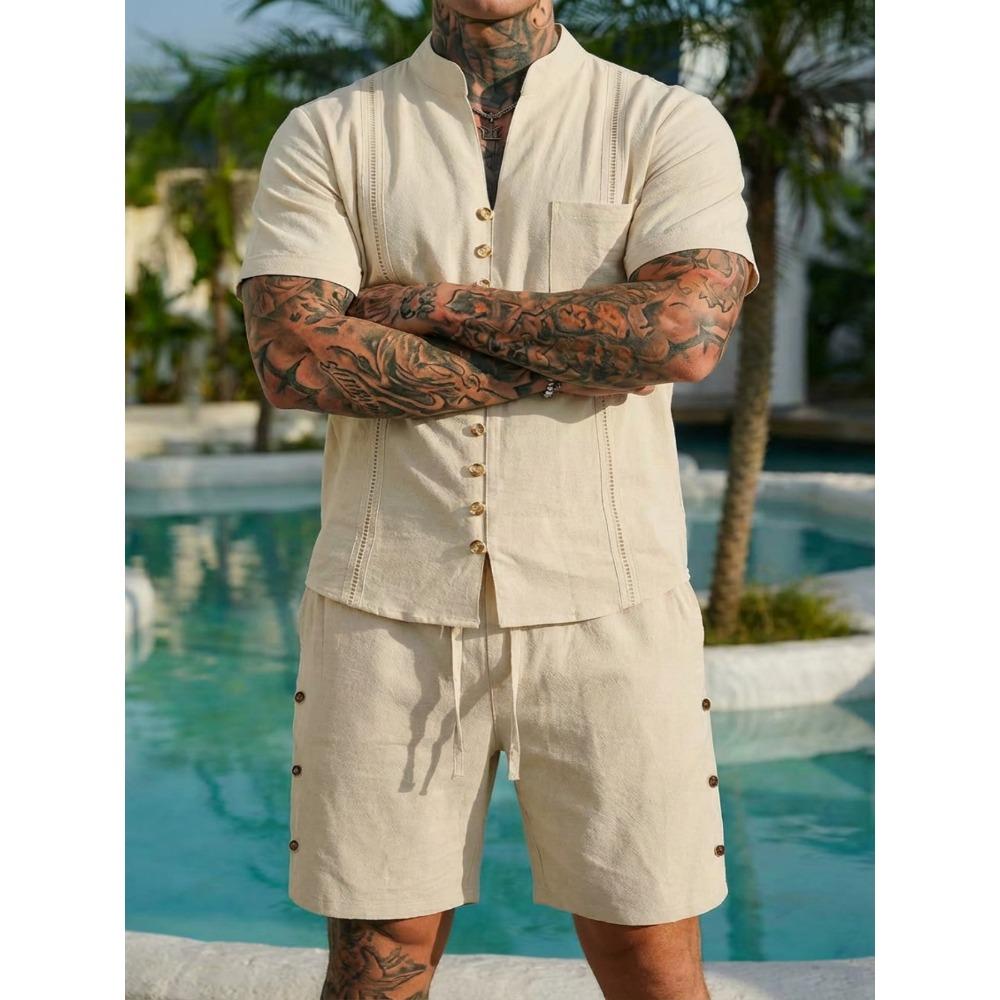 New Men’s Plain-coloured Vintage-style Casual Linen Short-sleeved Shirt and Shorts Set