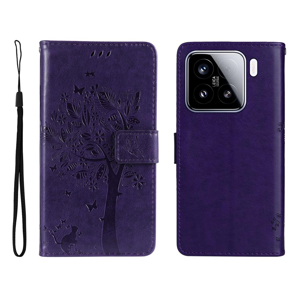 For Xiaomi 15 Phone Case with Stand Cat Tree Pattern Leather Wallet Mobile Cover