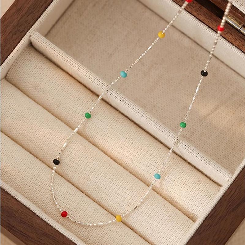 925 Silver Silver Necklace With Simple Geometric Multicolour Beads Choker Shiny Delicate Collarbone Chain For Women's