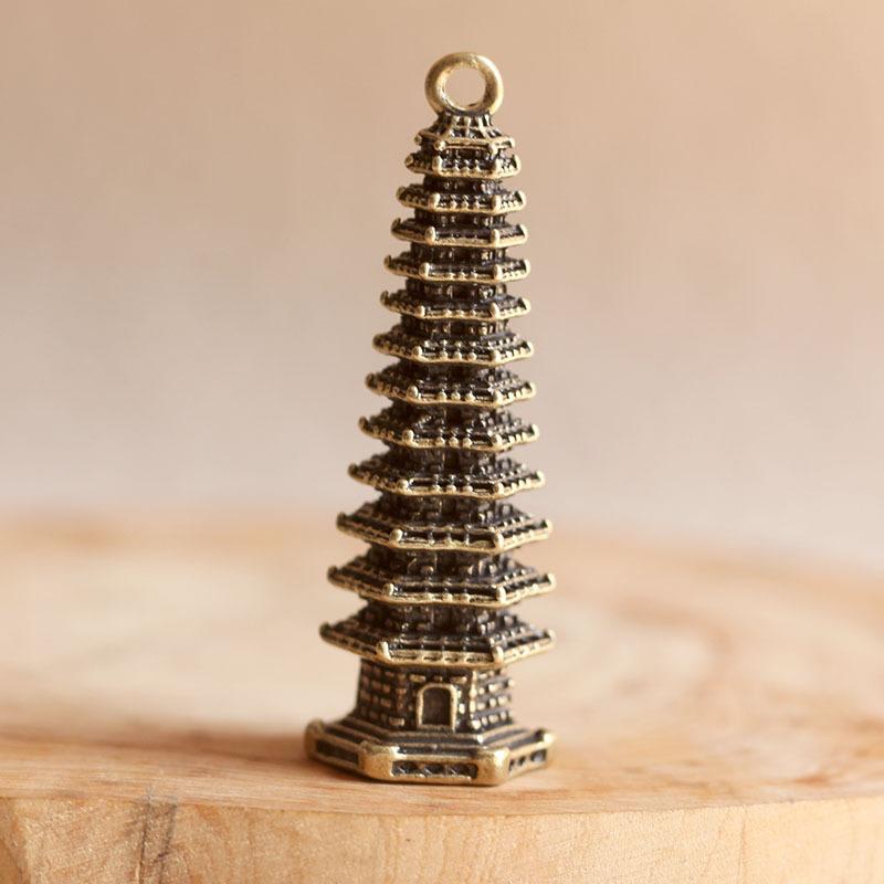 Retro keychain, alloy, copper plated, handmade, nine layer, thirteen layer, Wenchang Tower, portable pendant, car keychain, pendant