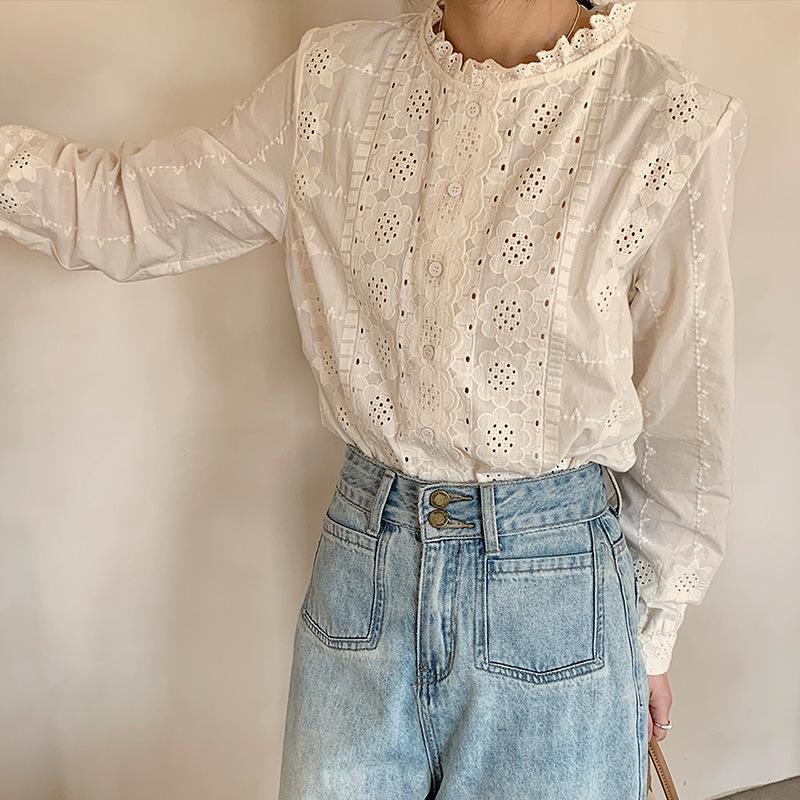 Women's New Spring Style Apricot Sugar Color French Lace Collar Cotton Shirt