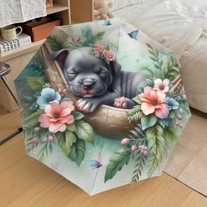 1PC Puppy Flowers Umbrella-8-Rib Reinforced, Automatic Open, Lightweight & Durable, Fashion Accessory for Outdoor-L0371