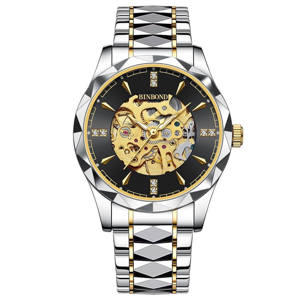 BINBOND Men's Automatic Mechanical Watch Skeleton Hollow Blue Dial Diamond Stainless Steel Waterproof Luxury Business Wristwatch