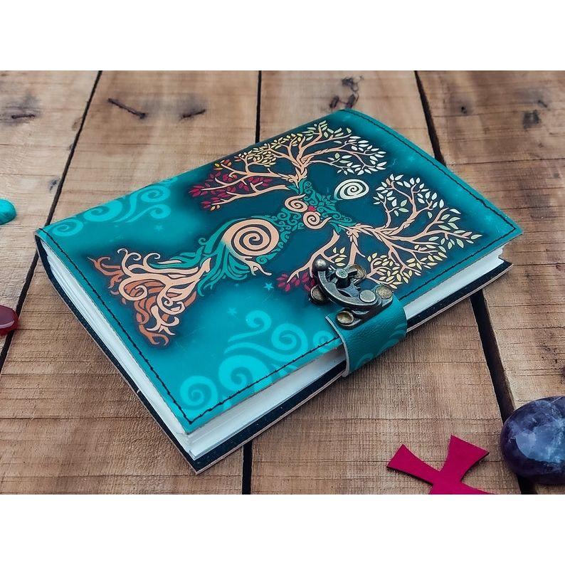 Blank Spell Book of Shadows Journal with Lock Clasp Handmade Leather Diary Printed Mother Earth Prayer Pagan Witchcraft notebook