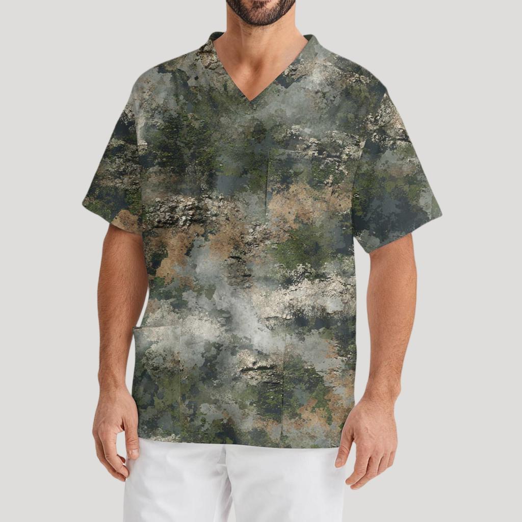 Herrtryck Kortärmad V-ringad Arbetsblus Bröstficka Vårdgivartopp