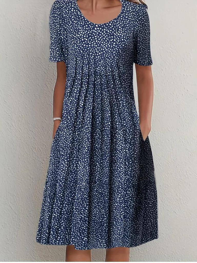 Summer Casual Retro Pleated Printed Beach Skirt Women Long Style Large Skirt Hem Elegant Female Vintage Round Neck Short Sleeved Ladies Party Dress